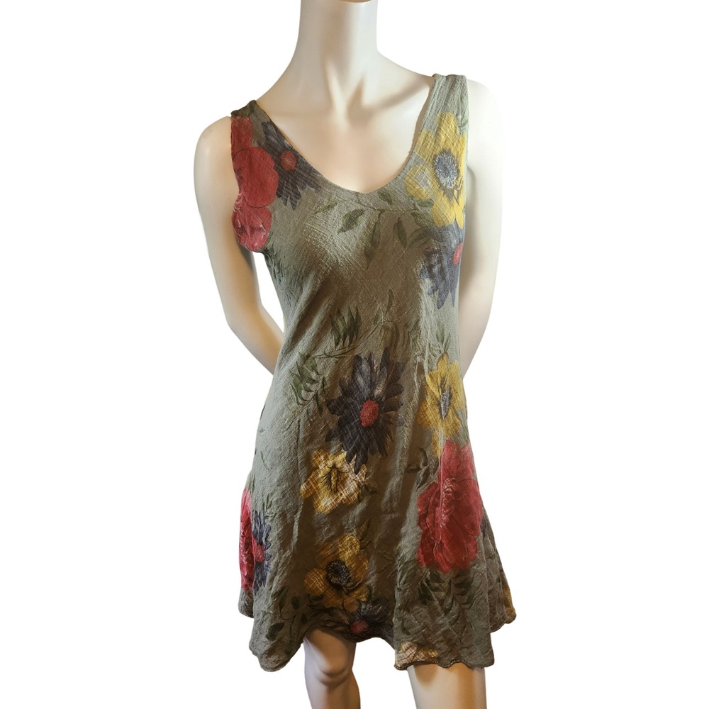 Sage Green Floral Gauze V-Neck Sleeveless Ruffle Hem Mini Dress Boho Lagenlook